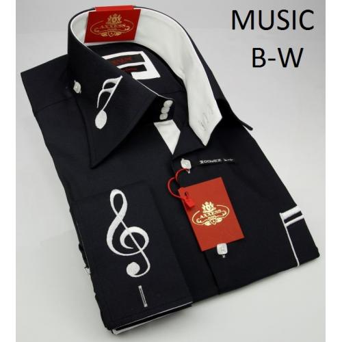 Axxess Black / White Handpick Stitching 100% Cotton Embroidery Dress Shirt MUSIC B-W